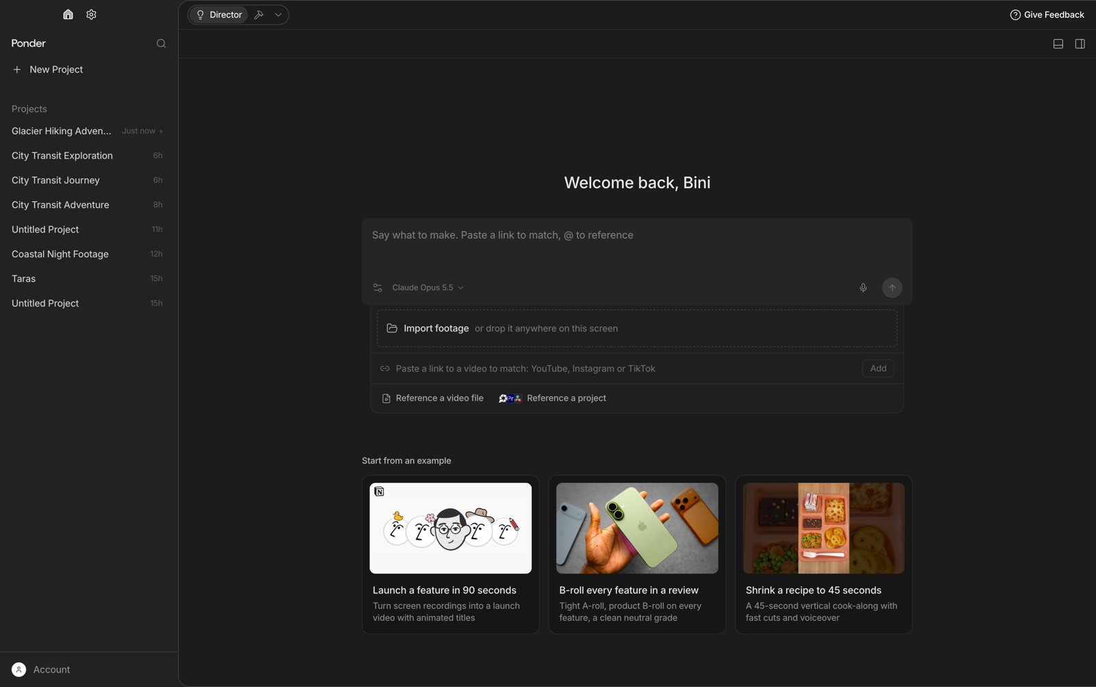 Ponder's start screen in Director mode: say what to make, import footage, paste a link to match